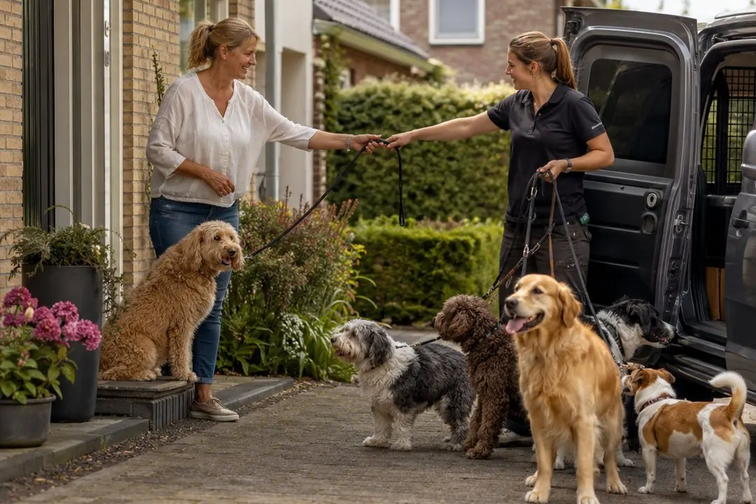 Een medewerker neemt bij de voordeur de riem van een hond over van een baasje, met de bus open en een groepje honden ernaast