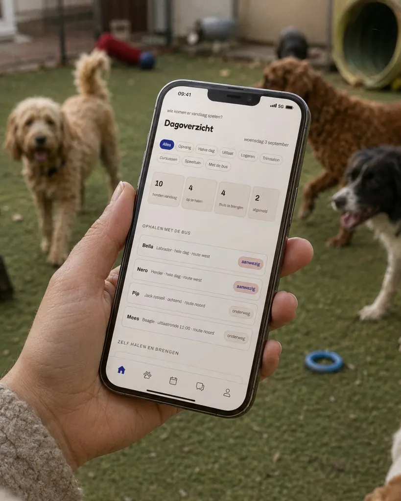 Iemand kijkt op haar telefoon naar het dagoverzicht van Woefs, met de honden op de achtergrond in de ren